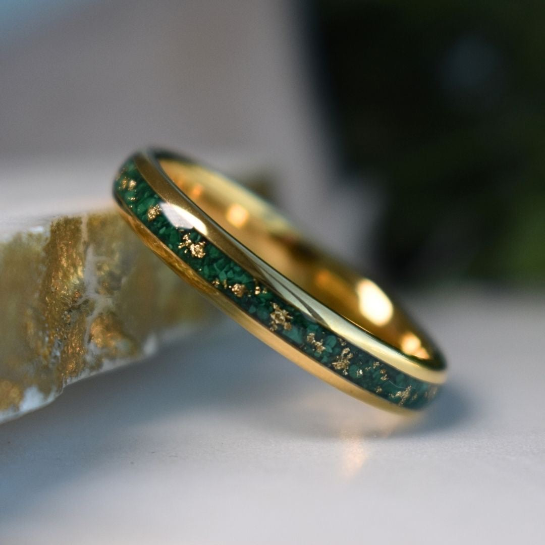 Tungsten 4mm Gold Ring with Malachite & Gold Leaf Inlay - Tungsten Titans