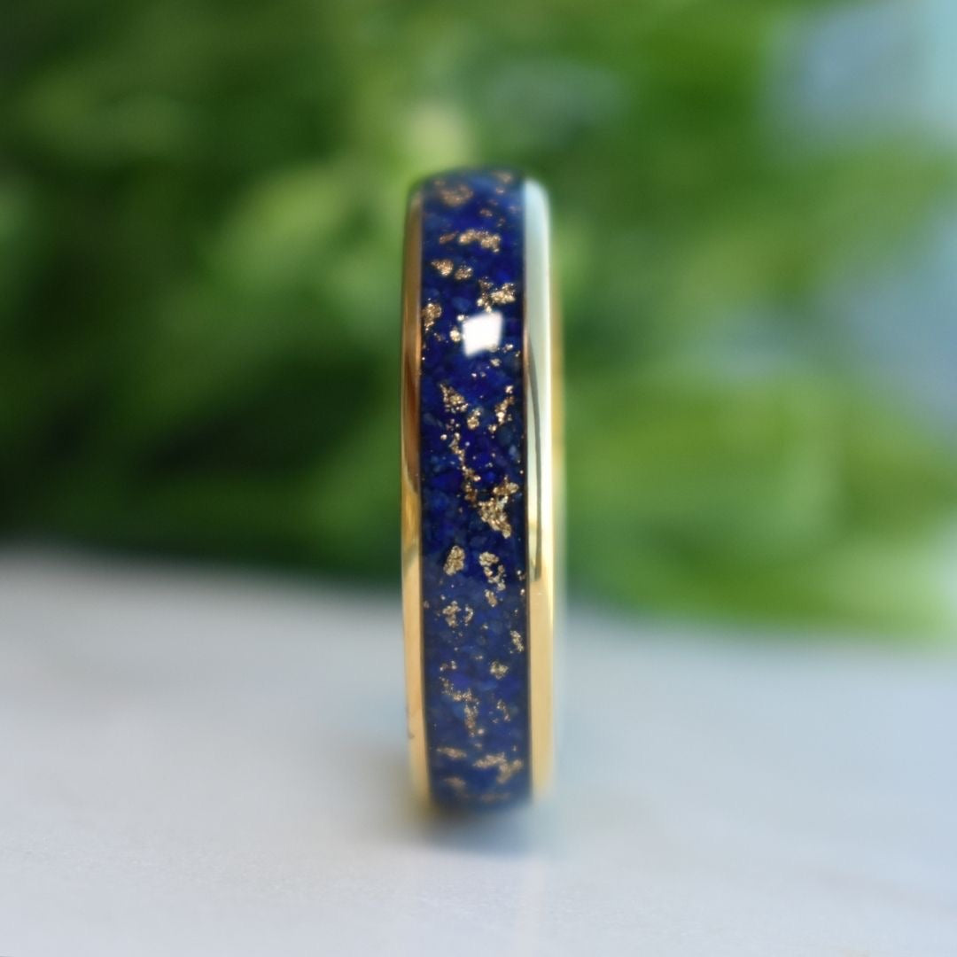 Tungsten 6mm Gold Ring with Lapis Lazuli & Gold Leaf Inlay - Tungsten Titans