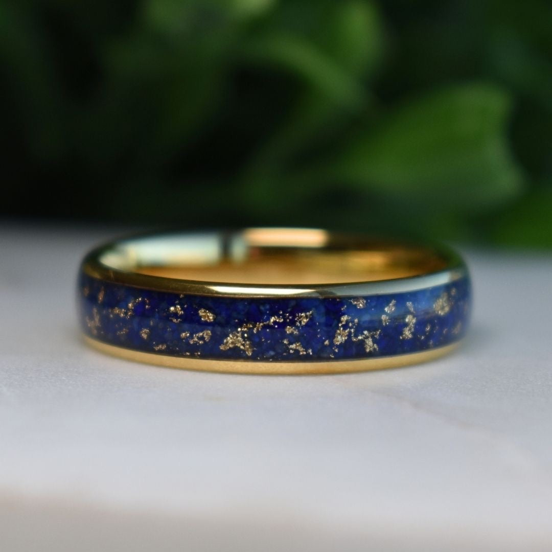 Tungsten 6mm Gold Ring with Lapis Lazuli & Gold Leaf Inlay - Tungsten Titans