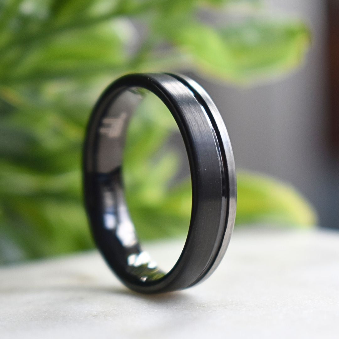 Tungsten Ring 6mm Black and Silver Brushed with Polished Black Accent - Tungsten Titans