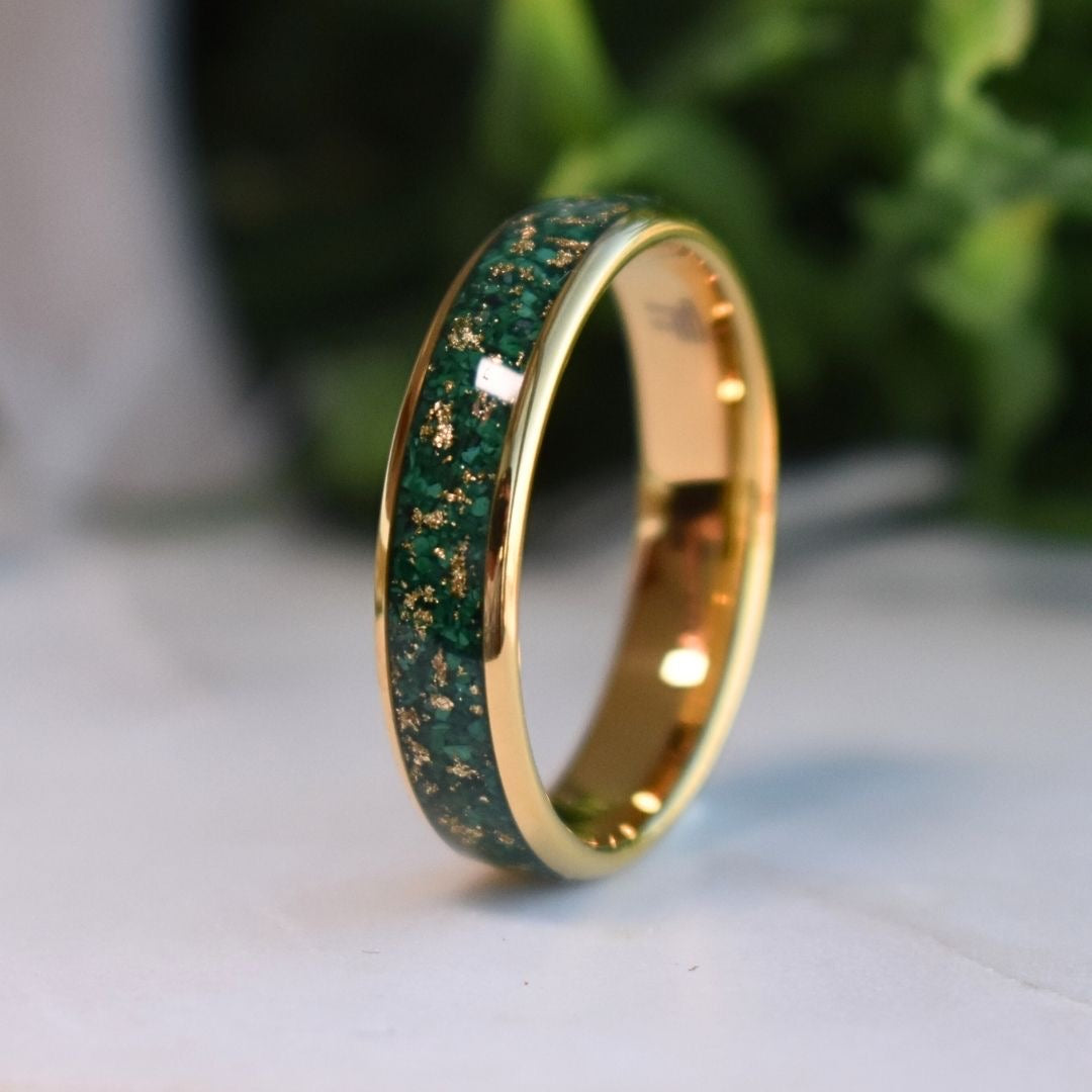 Tungsten 6mm Gold Ring with Malachite & Gold Leaf Inlay - Tungsten Titans