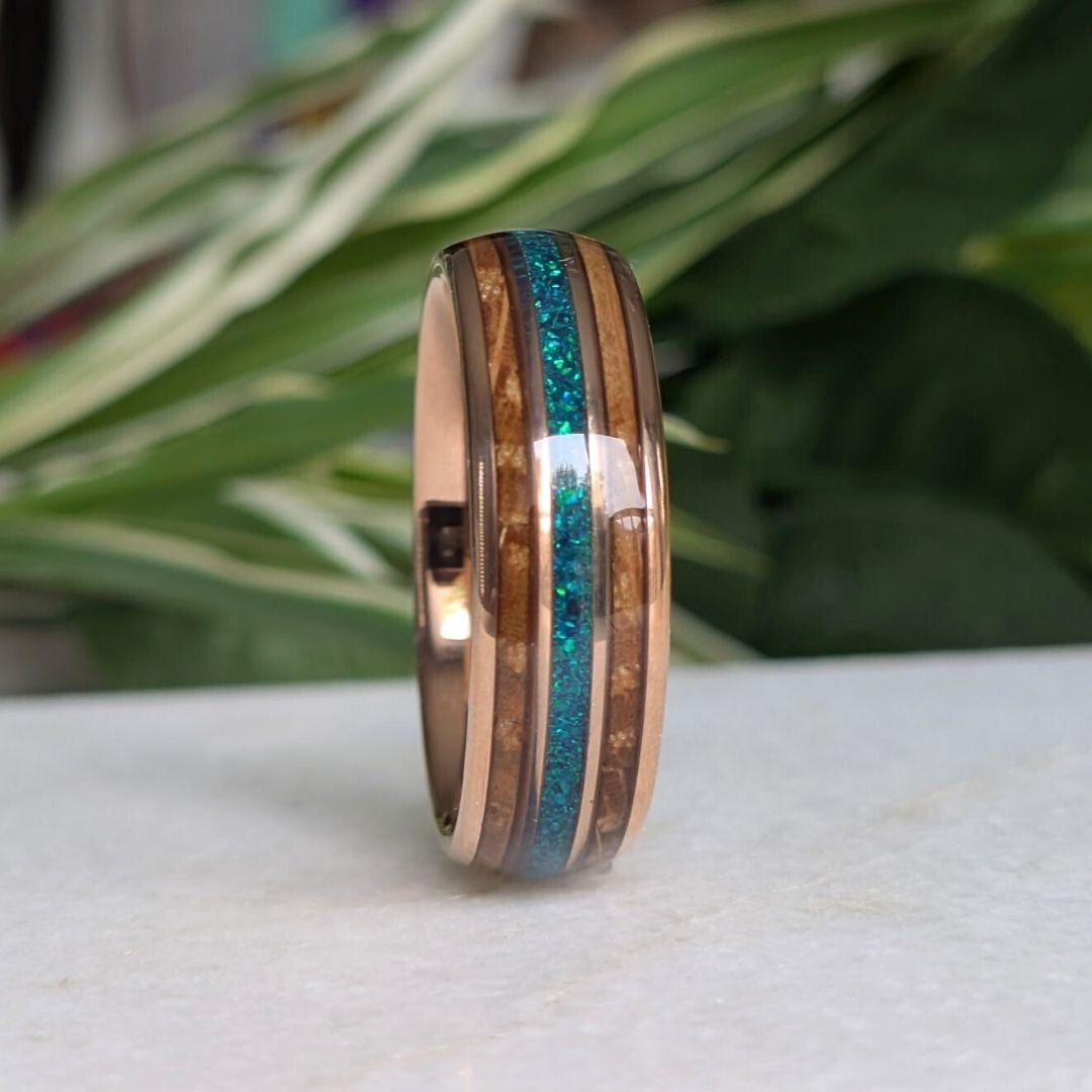 Tungsten 8mm Rose Gold Ring with Crushed Green & Blue Opal and Whiskey Barrel - Tungsten Titans