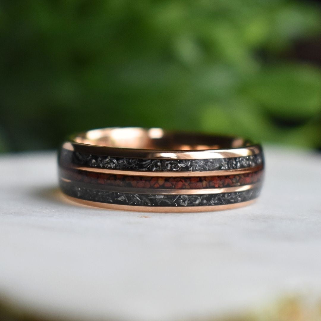 Tungsten 8mm Rose Gold Ring with Red Dinosaur Bone & Meteorite Ring - Tungsten Titans