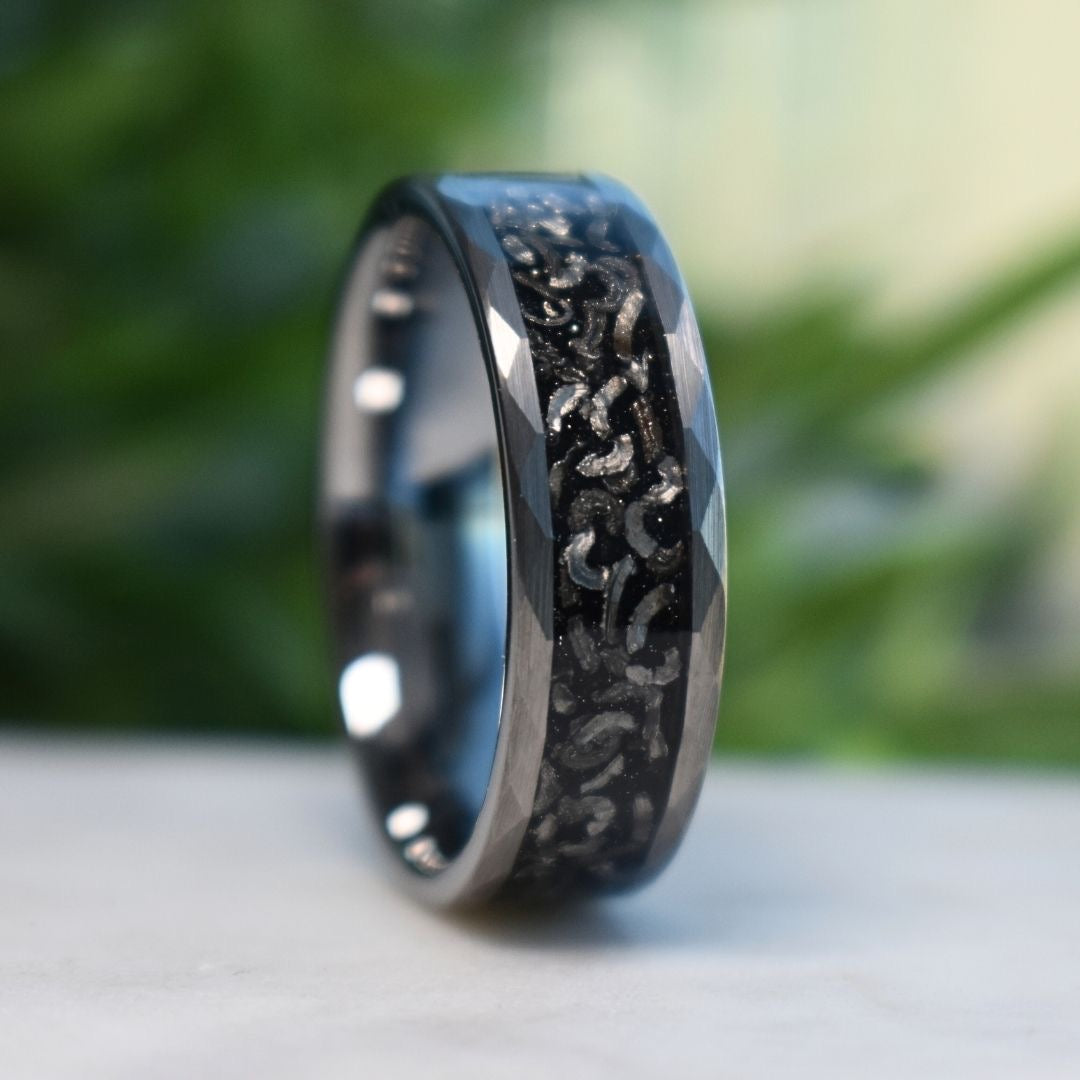 Hammered 8mm Tungsten Ring with Meteorite Inlay - Tungsten Titans