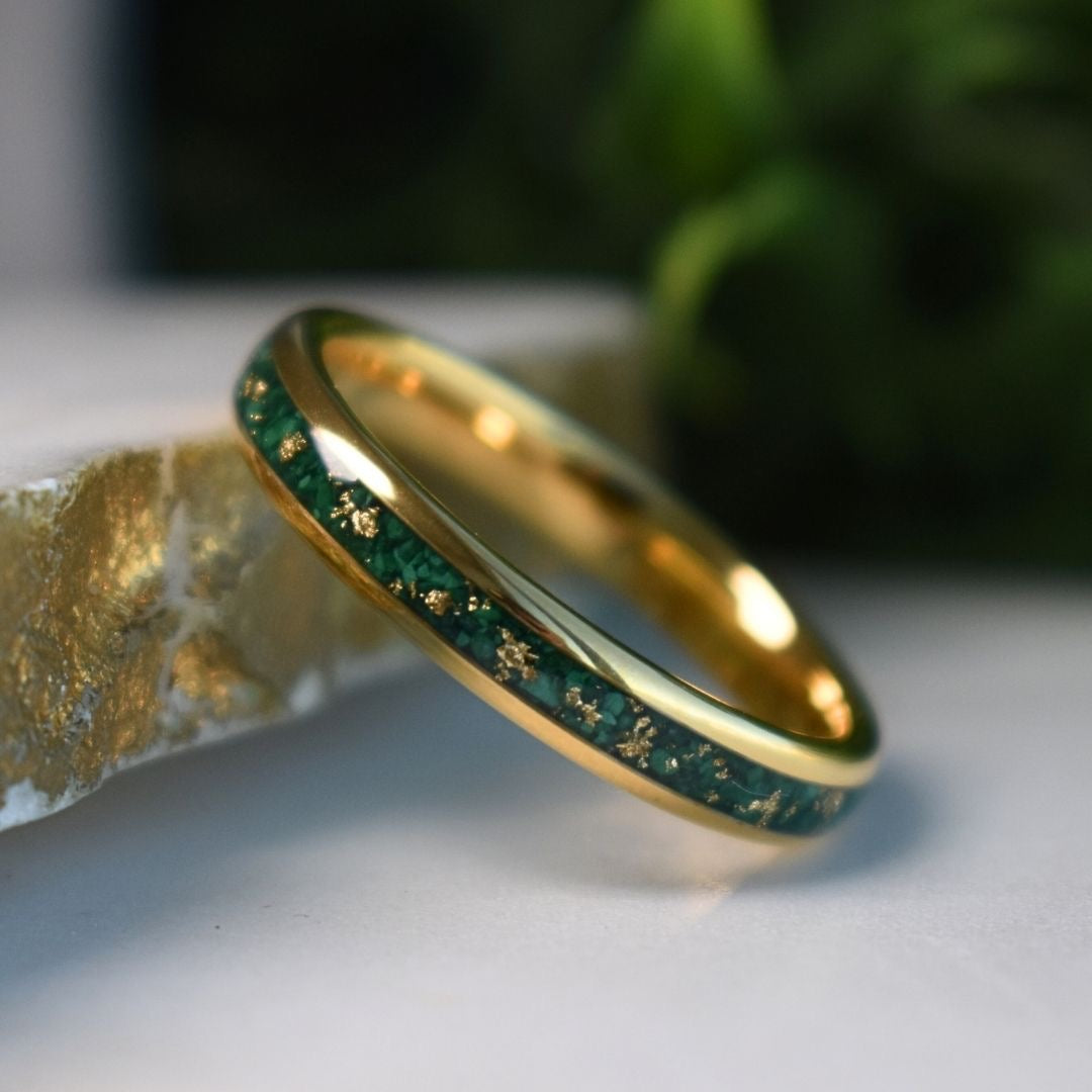 Tungsten 4mm Gold Ring with Malachite & Gold Leaf Inlay - Tungsten Titans