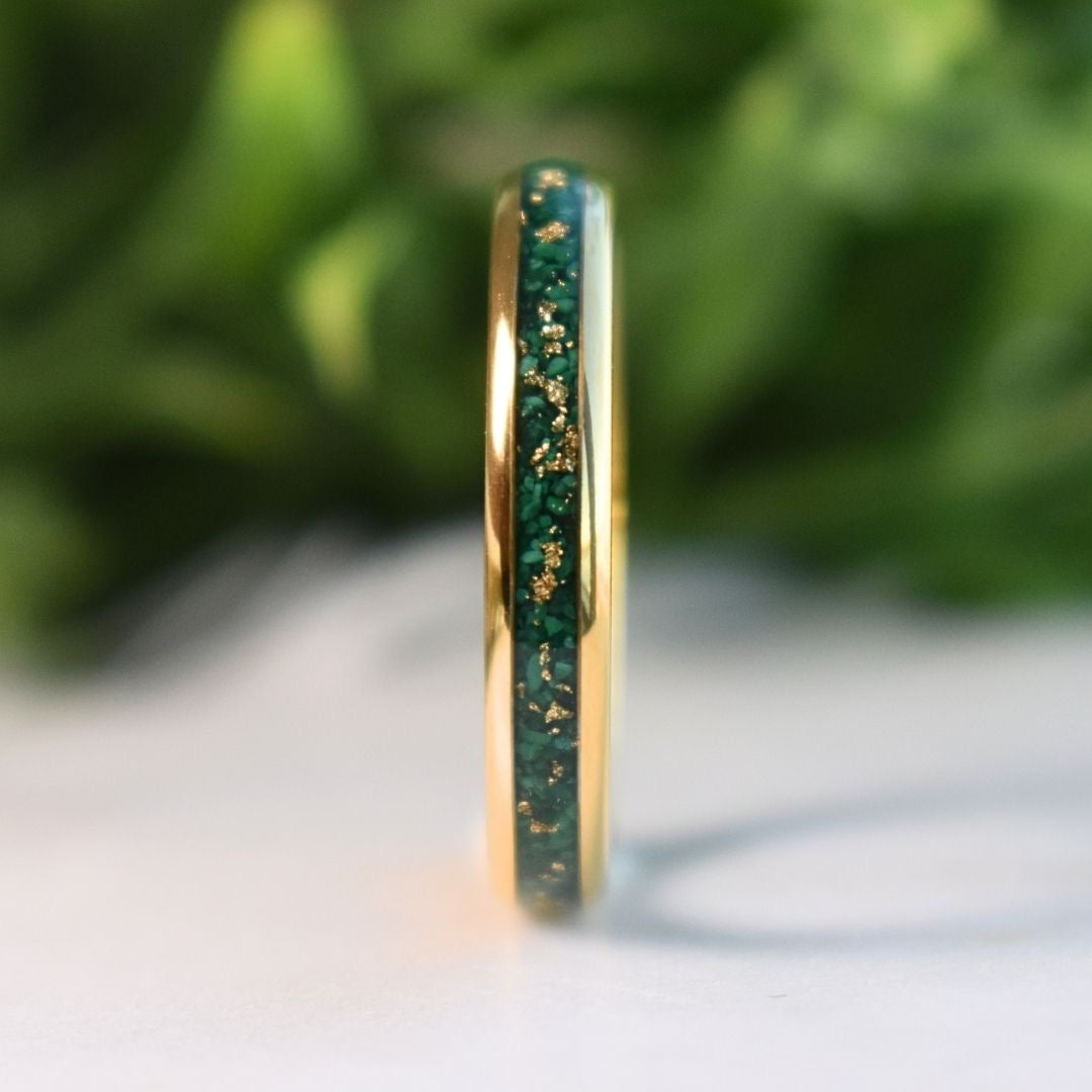 Tungsten 4mm Gold Ring with Malachite & Gold Leaf Inlay - Tungsten Titans