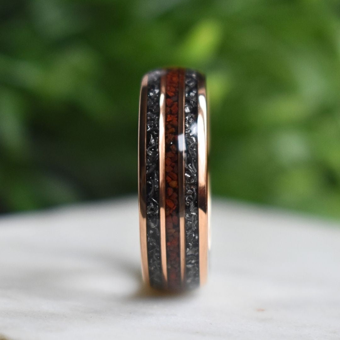 Tungsten 8mm Rose Gold Ring with Red Dinosaur Bone & Meteorite Ring - Tungsten Titans