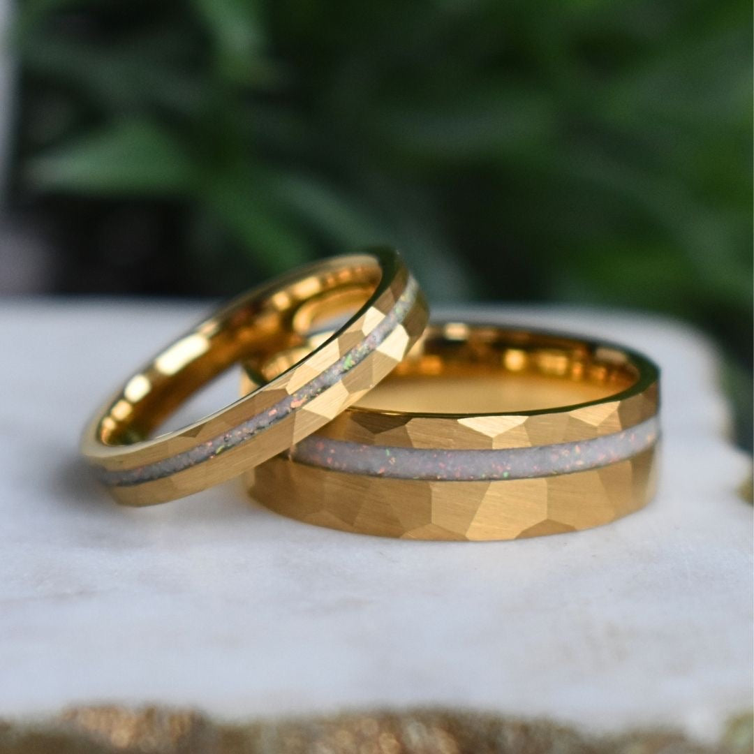 Tungsten 8mm Hammered Yellow Gold Ring with Crushed Opal Centre - Tungsten Titans
