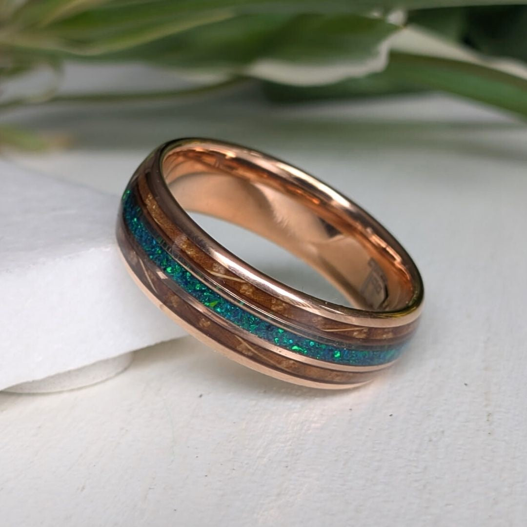Tungsten 8mm Rose Gold Ring with Crushed Green & Blue Opal and Whiskey Barrel - Tungsten Titans