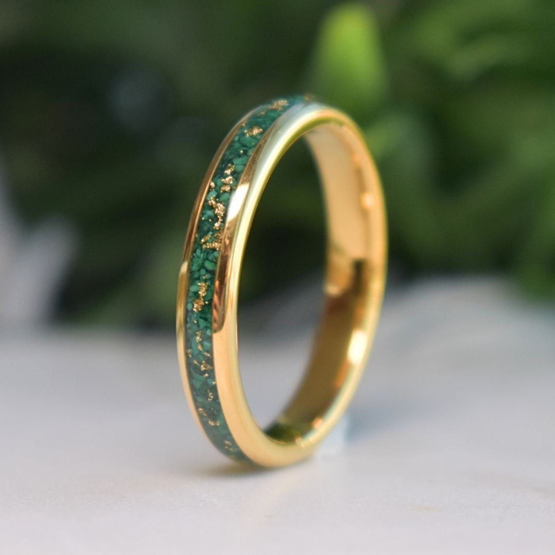 Tungsten 4mm Gold Ring with Malachite & Gold Leaf Inlay - Tungsten Titans