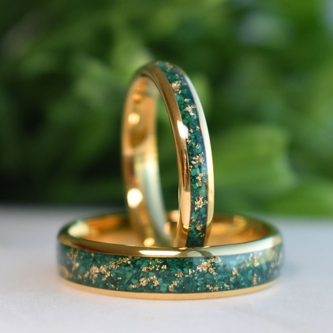 Tungsten 4mm Gold Ring with Malachite & Gold Leaf Inlay - Tungsten Titans