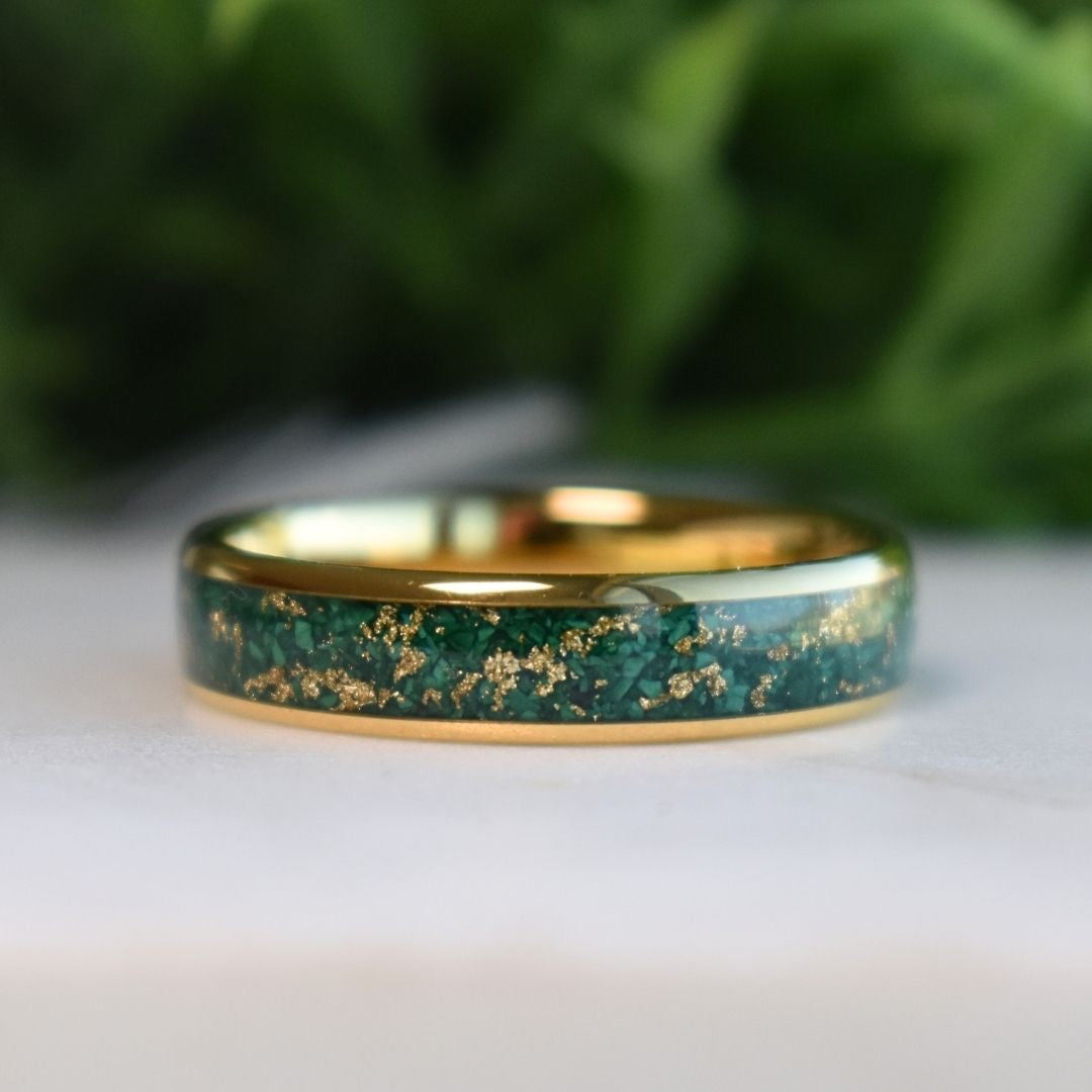 Tungsten 6mm Gold Ring with Malachite & Gold Leaf Inlay - Tungsten Titans