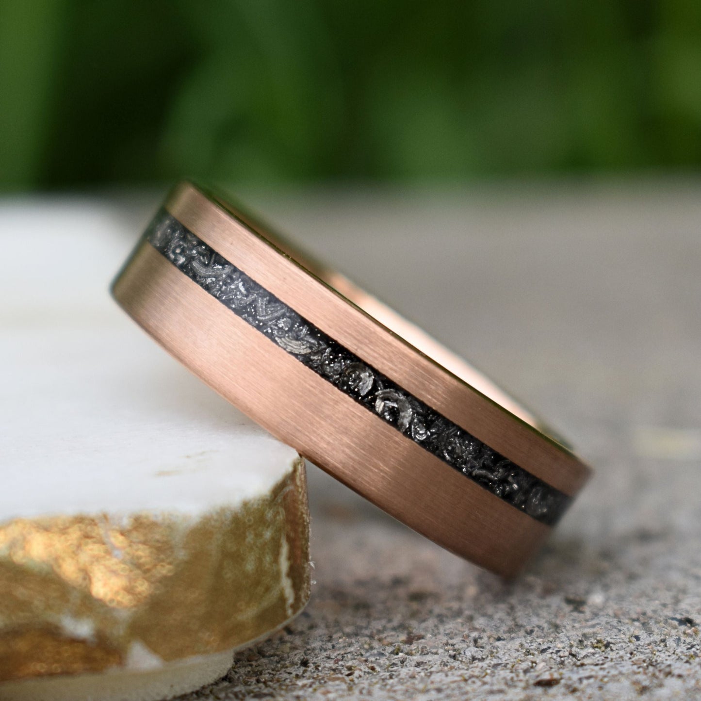 Tungsten 8mm Ring Rose Gold with Black Druzy Quartz and Meteorite - Tungsten Titans