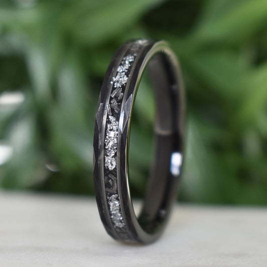 Hammered 4mm Black Tungsten Ring with White Gold Leaf and Meteorite Inlay - Tungsten Titans