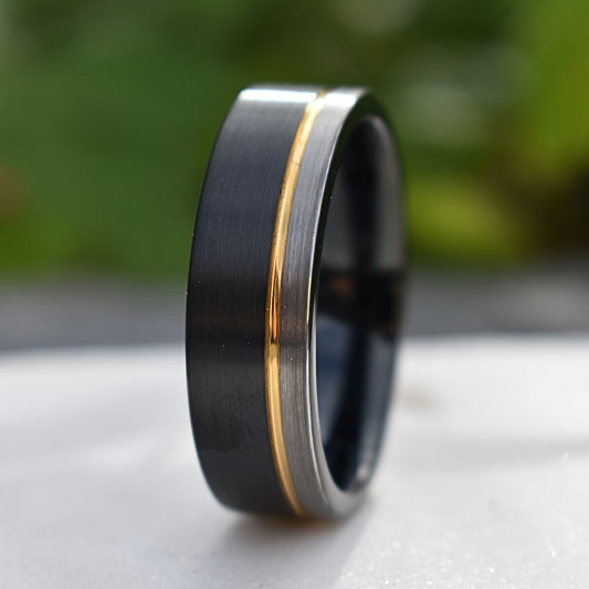 Tungsten 8mm Ring Black and Silver Brushed with Gold Accent - Tungsten Titans