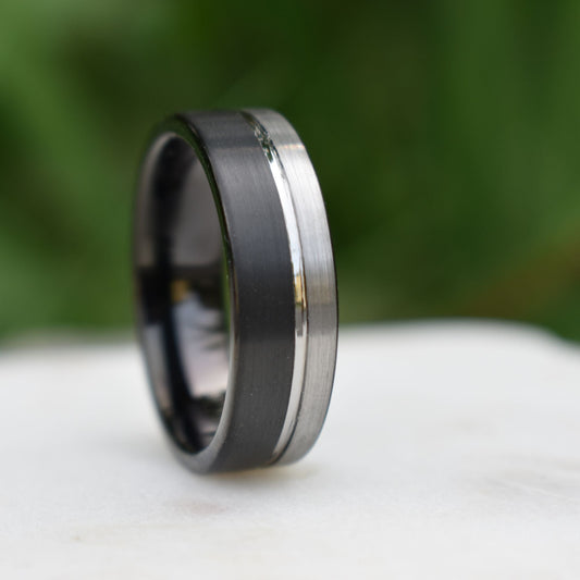 Tungsten Ring 8mm Black and Silver Brushed with Polished Silver Accent - Tungsten Titans