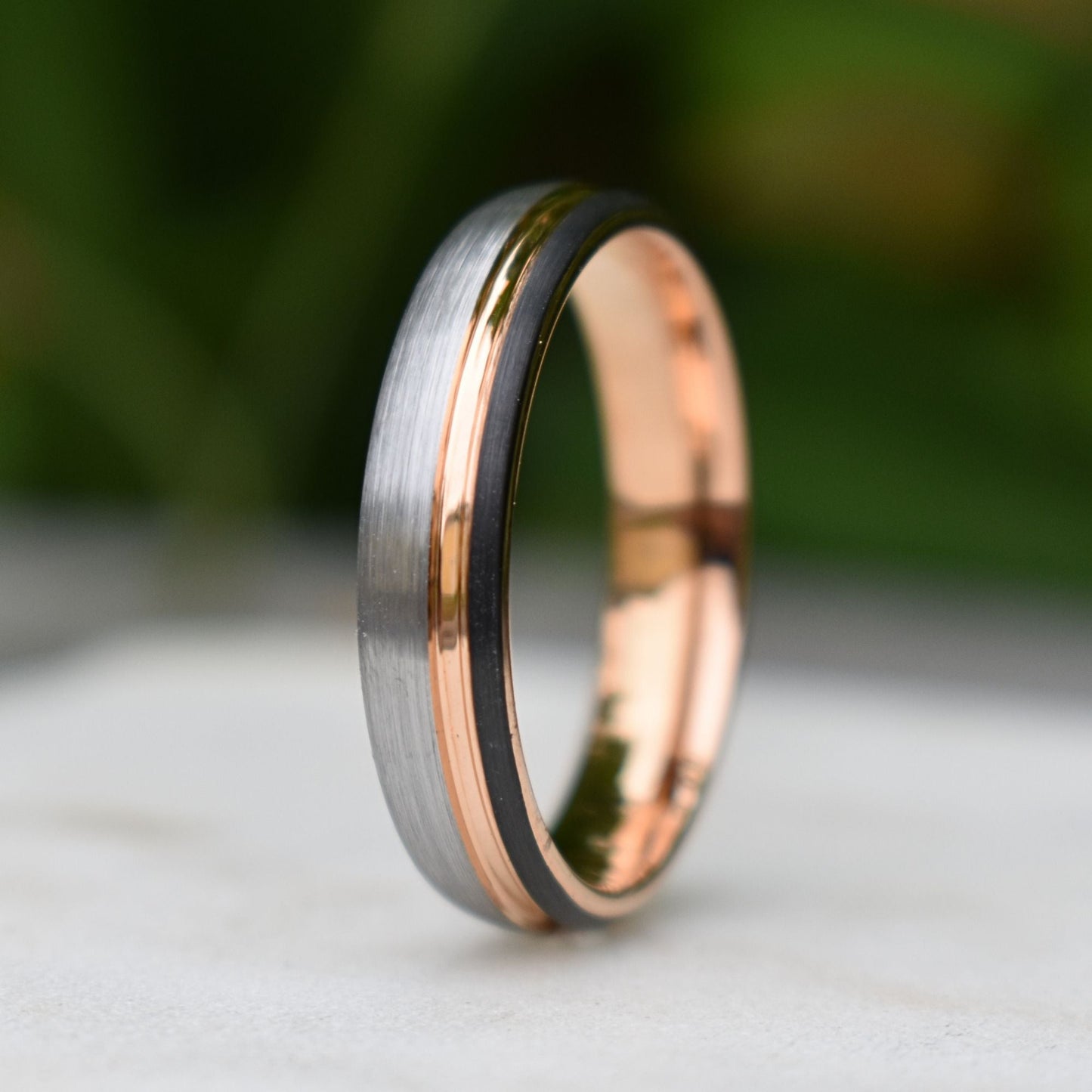 Domed 5mm Tungsten Ring Black and Silver Brushed with Rose Gold Accent - Tungsten Titans