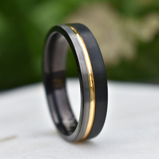 Tungsten 6mm Ring Black and Silver Brushed with Gold Accent - Tungsten Titans