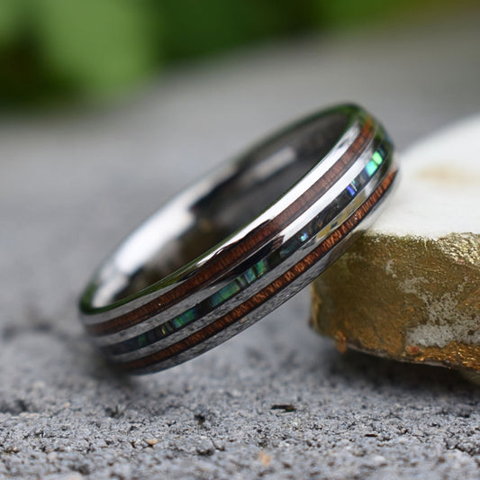 Tungsten 6mm Ring with Koa Wood and Shell Inlay - Tungsten Titans