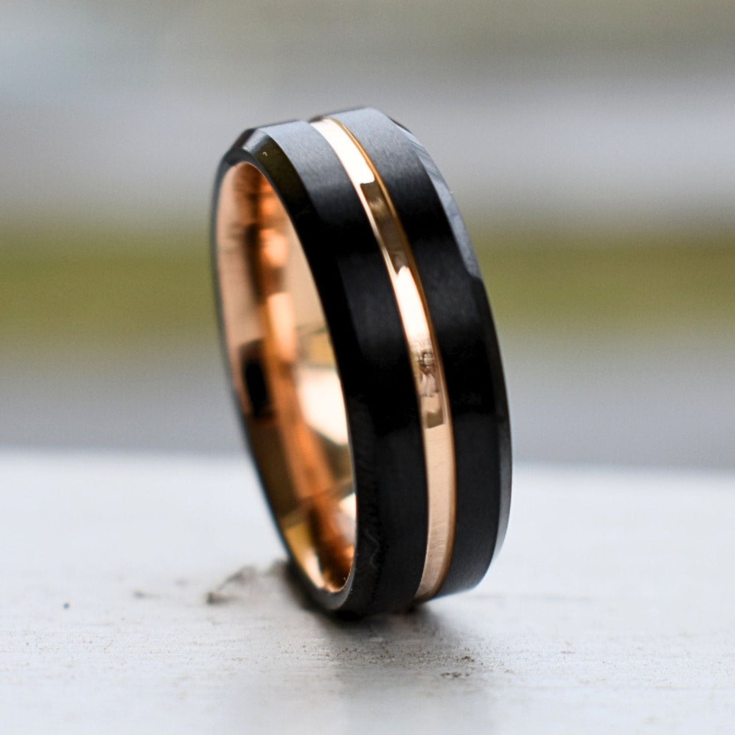 Black 8mm Tungsten Ring with Rose Gold Center Strip - Tungsten Titans