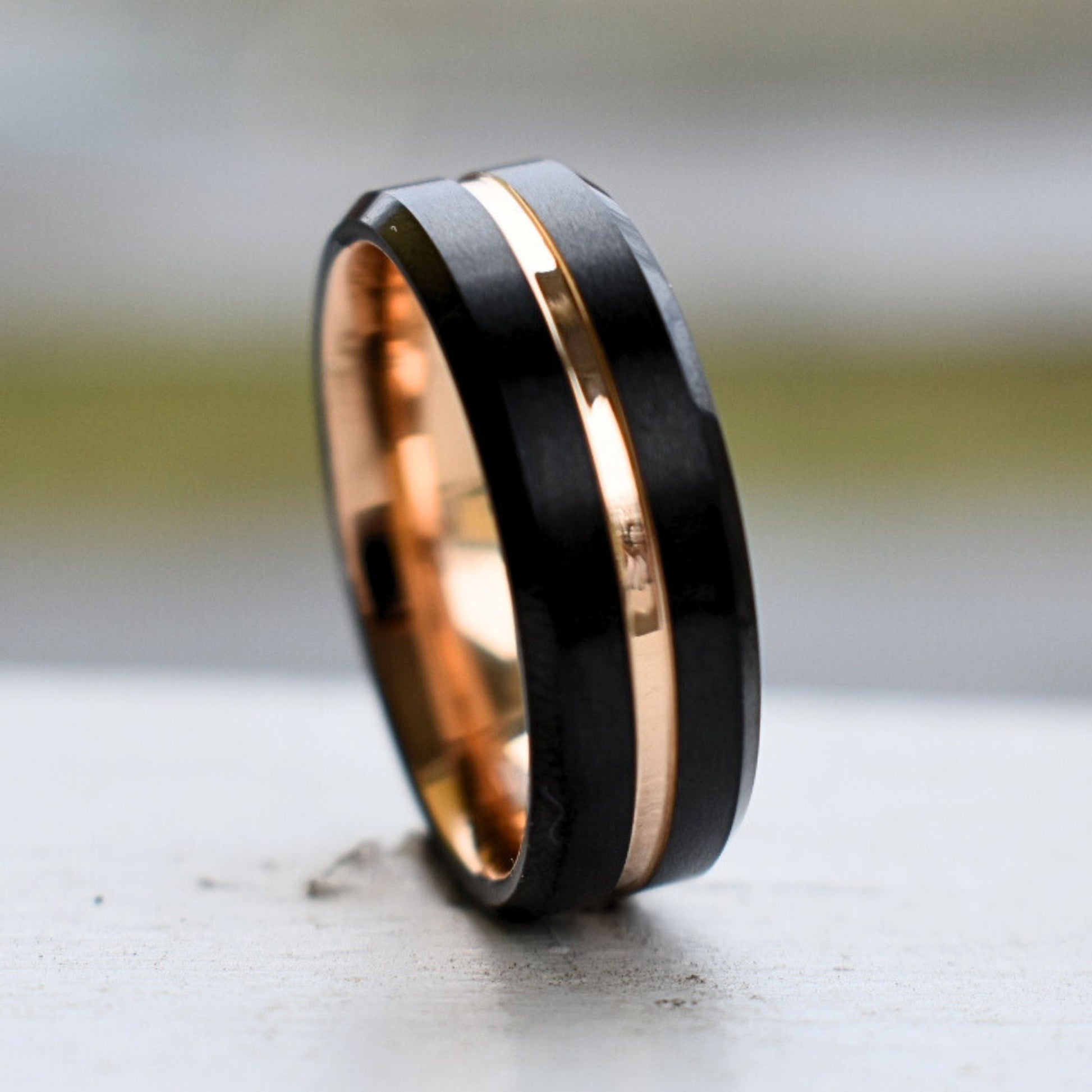 Black 8mm Tungsten Ring with Rose Gold Center Strip - Tungsten Titans