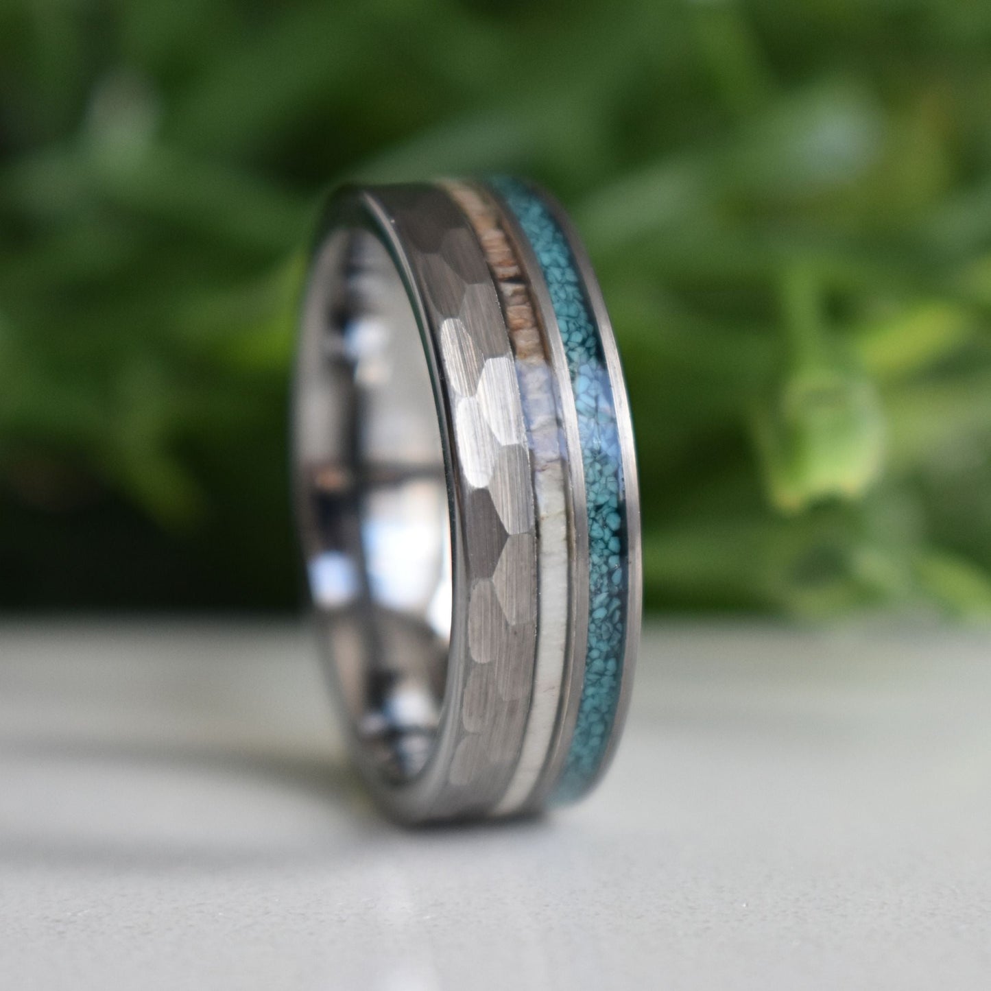 Tungsten 8mm Hammered Ring with Antler and Crushed Turquoise - Tungsten Titans