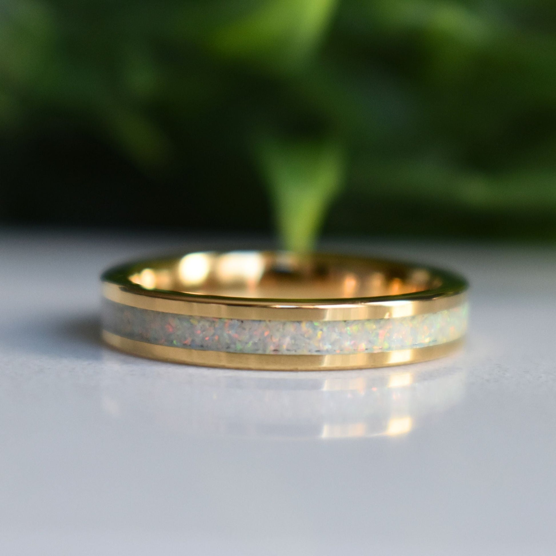Tungsten 4mm Gold Ring Crushed White Opal Wedding Band - Tungsten Titans