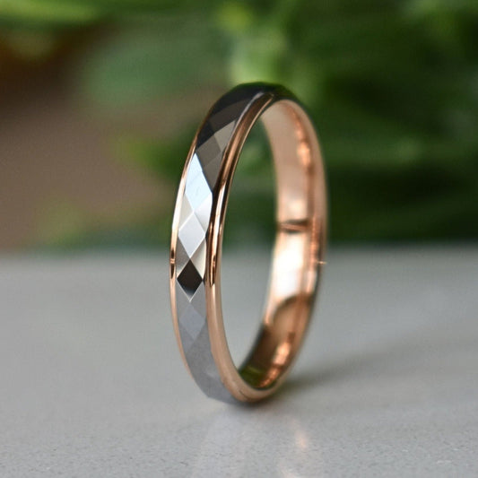 Tungsten 4mm Diamond Facet Silver Ring with Rose Gold Edges - Tungsten Titans