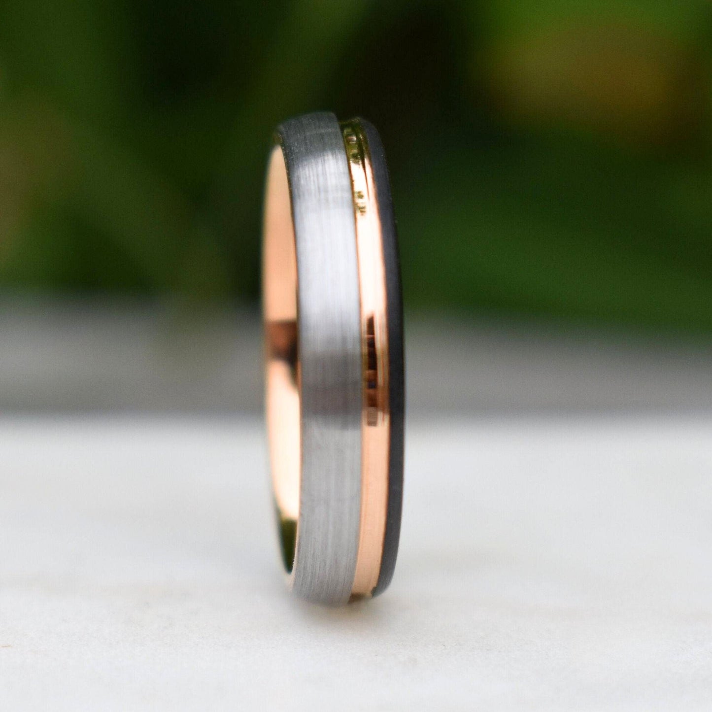 Domed 5mm Tungsten Ring Black and Silver Brushed with Rose Gold Accent - Tungsten Titans
