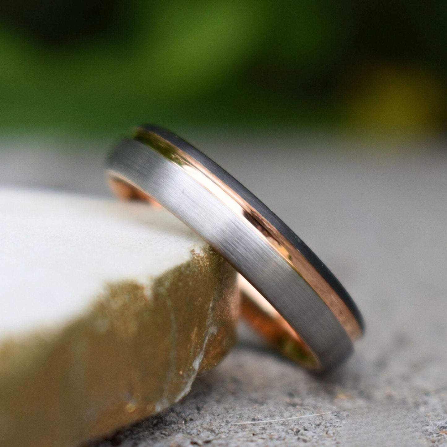 Domed 5mm Tungsten Ring Black and Silver Brushed with Rose Gold Accent - Tungsten Titans