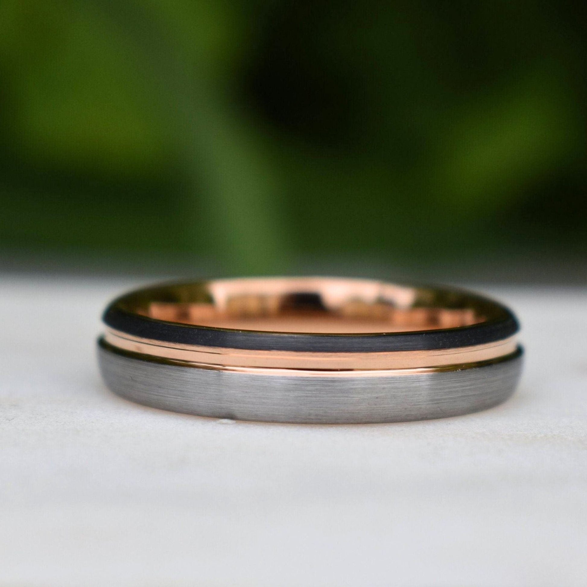 Domed 5mm Tungsten Ring Black and Silver Brushed with Rose Gold Accent - Tungsten Titans