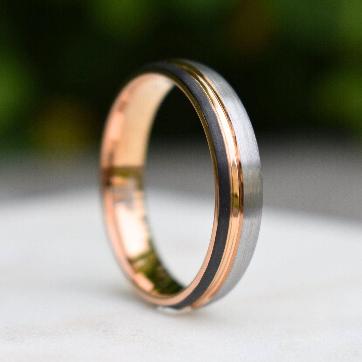 Domed 5mm Tungsten Ring Black and Silver Brushed with Rose Gold Accent - Tungsten Titans