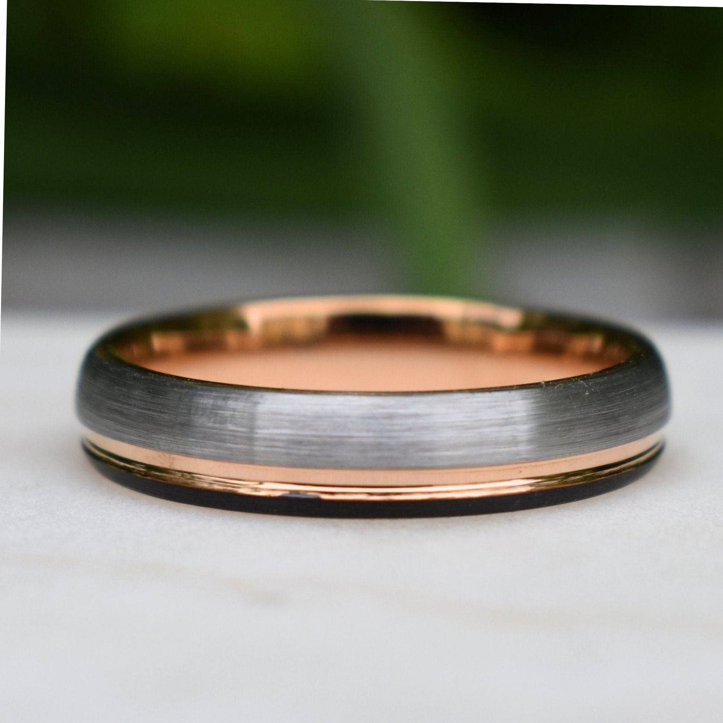 Domed 5mm Tungsten Ring Black and Silver Brushed with Rose Gold Accent - Tungsten Titans