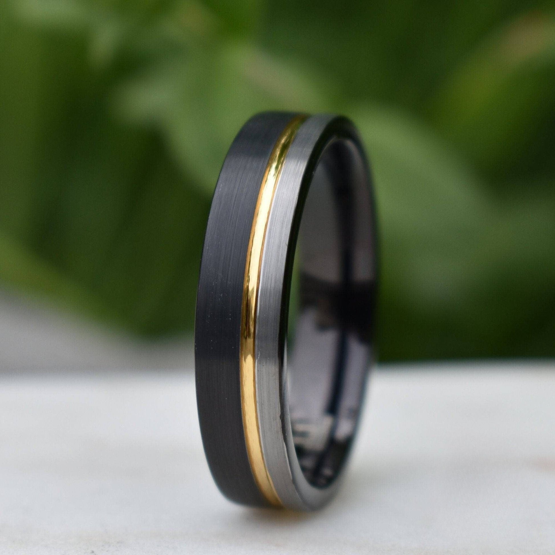 Tungsten 6mm Ring Black and Silver Brushed with Gold Accent - Tungsten Titans