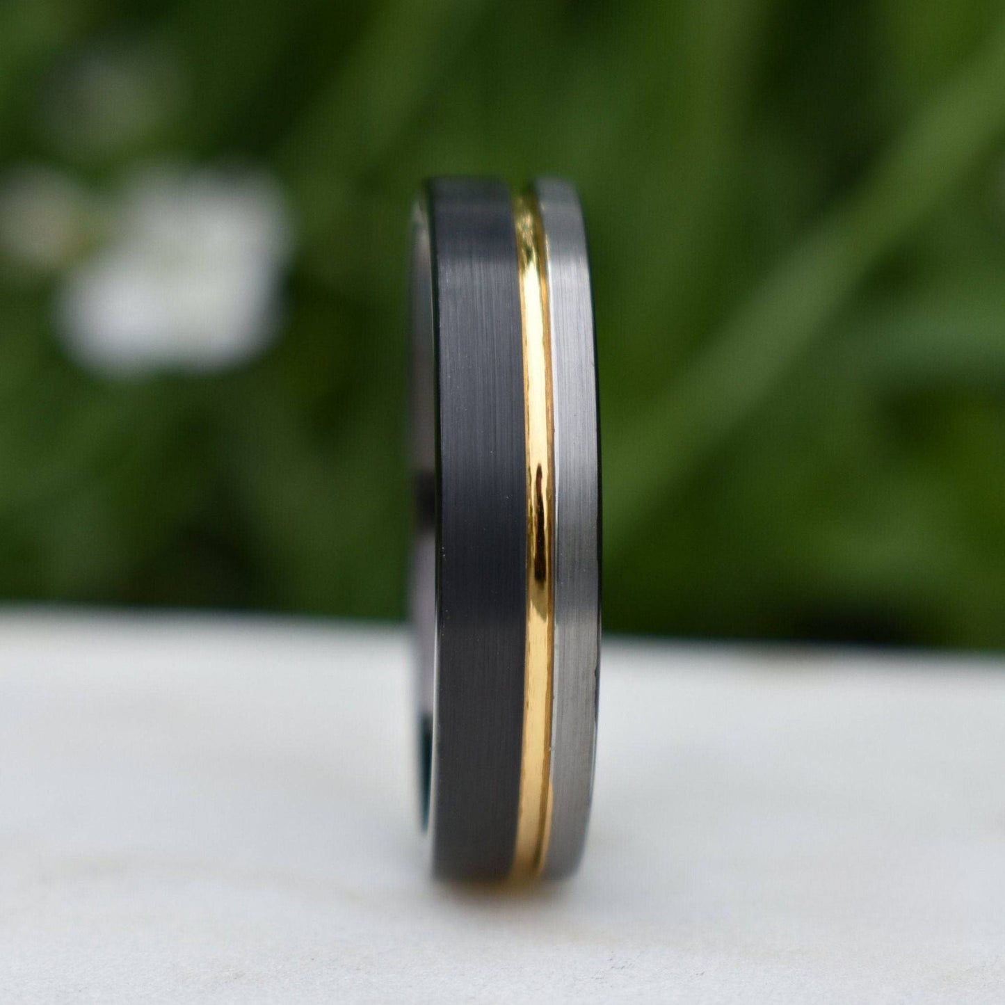 Tungsten 6mm Ring Black and Silver Brushed with Gold Accent - Tungsten Titans