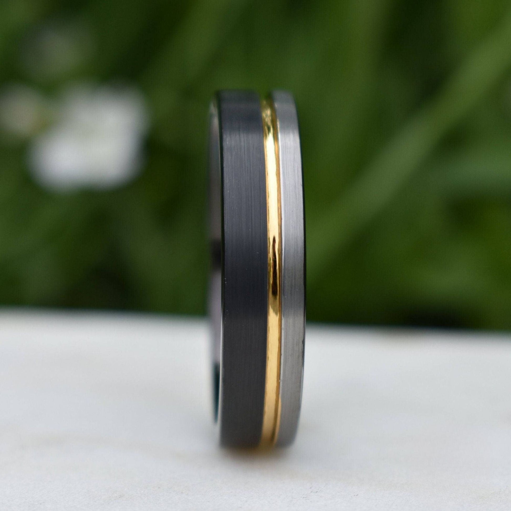 Tungsten 6mm Ring Black and Silver Brushed with Gold Accent - Tungsten Titans