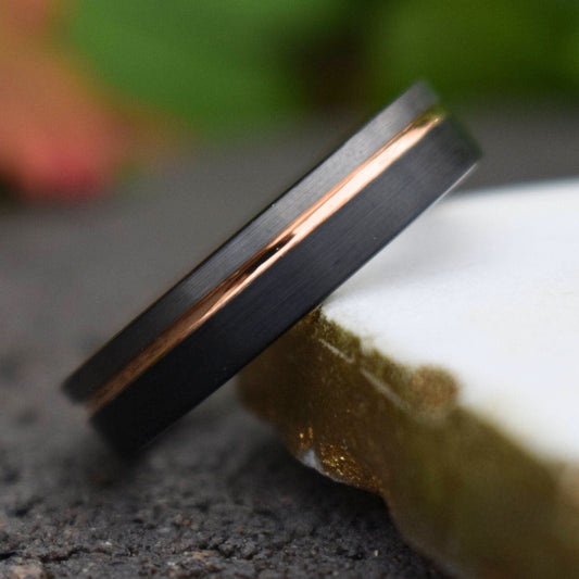Tungsten 6mm Ring Black and Silver Brushed with Rose Gold Accent - Tungsten Titans