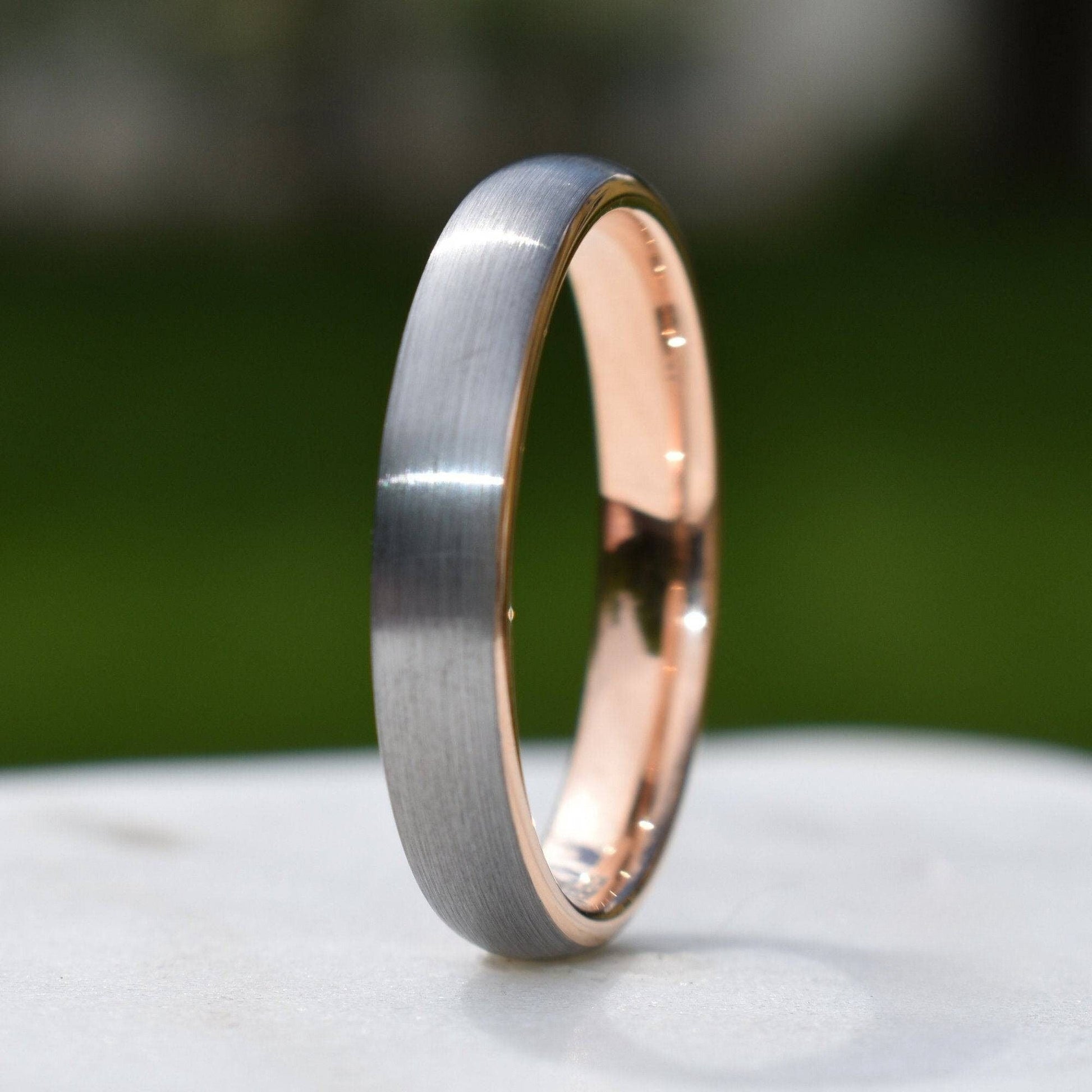 Tungsten Ring 4mm Brushed Silver with Rose Gold Comfort fit band - Tungsten Titans