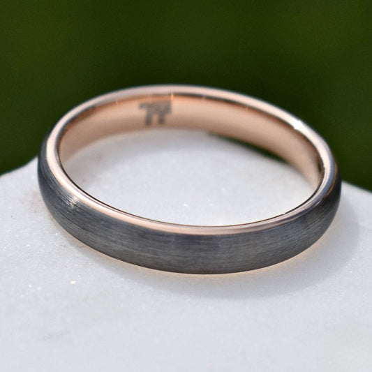 Tungsten Ring 4mm Brushed Silver with Rose Gold Comfort fit band - Tungsten Titans