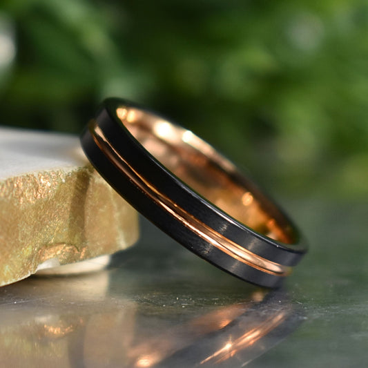 Black Tungsten 5mm Ring with Rose Gold Center - Tungsten Titans