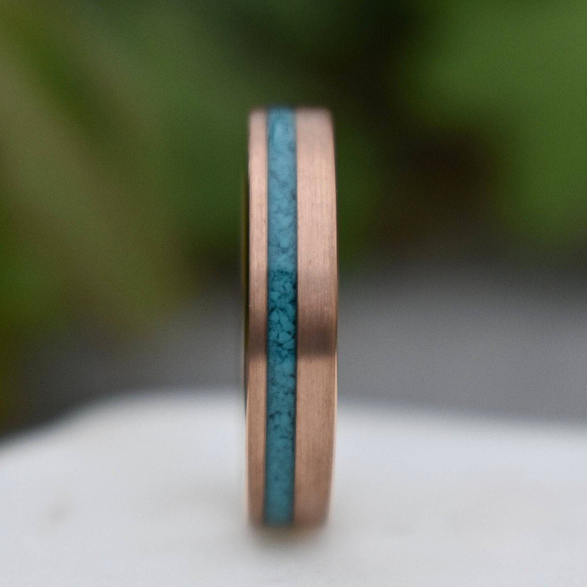 Tungsten 5mm Ring Rose Gold with Crushed Turquoise Wedding Band - Tungsten Titans