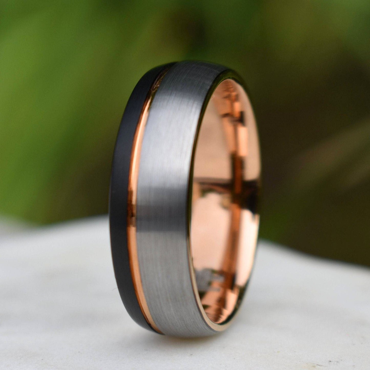 Domed 8mm Tungsten Ring Black and Silver Brushed with Rose Gold Accent - Tungsten Titans
