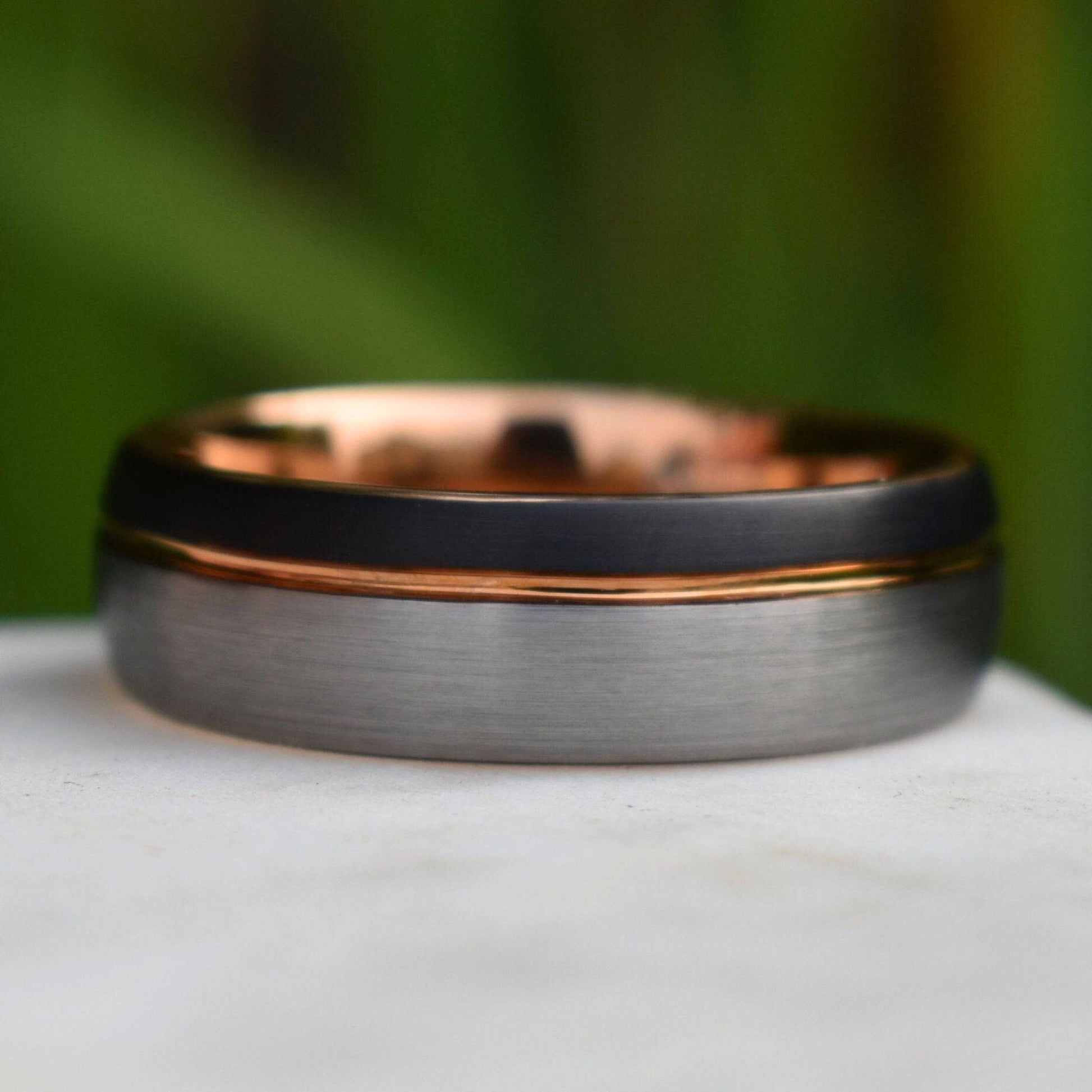 Domed 8mm Tungsten Ring Black and Silver Brushed with Rose Gold Accent - Tungsten Titans