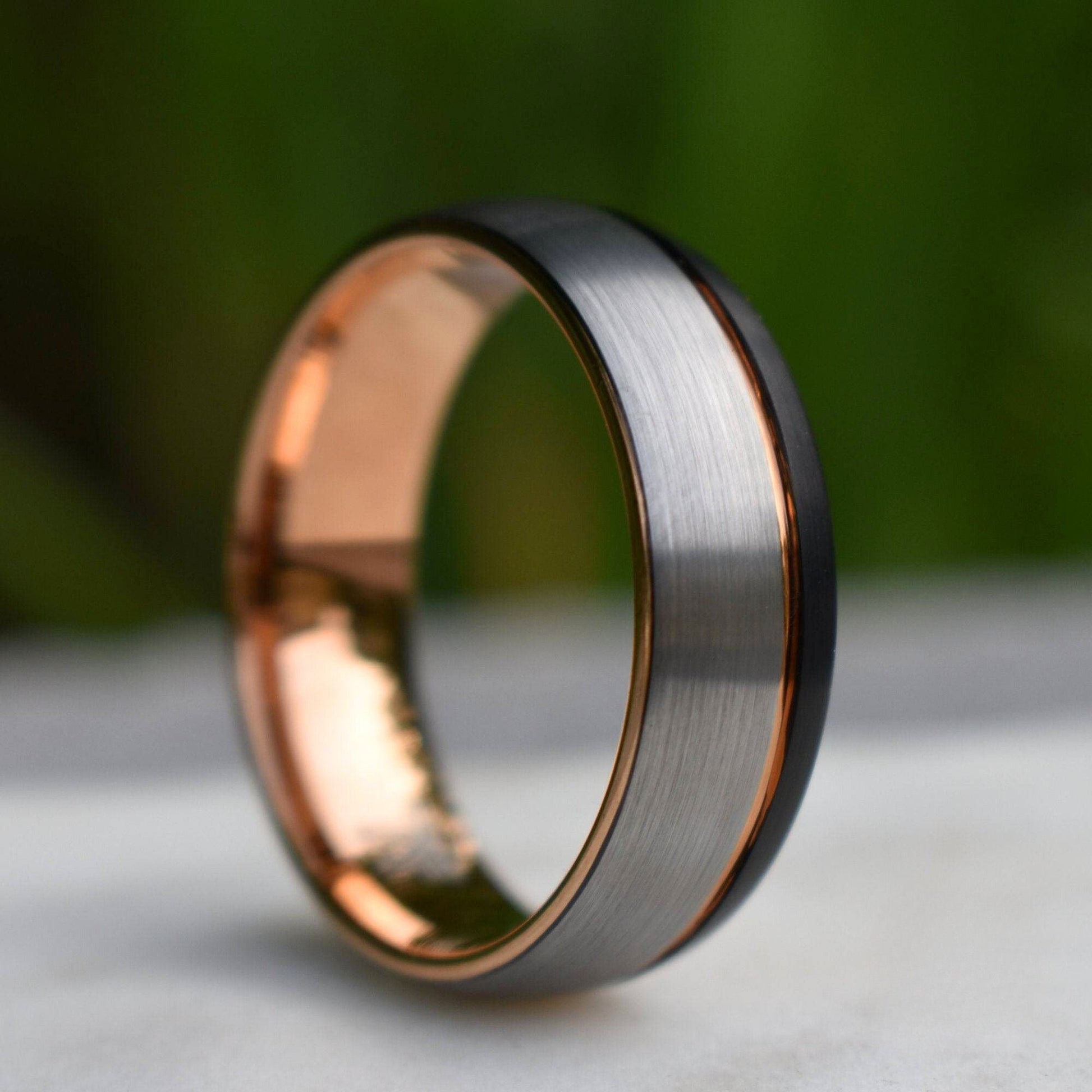Domed 8mm Tungsten Ring Black and Silver Brushed with Rose Gold Accent - Tungsten Titans