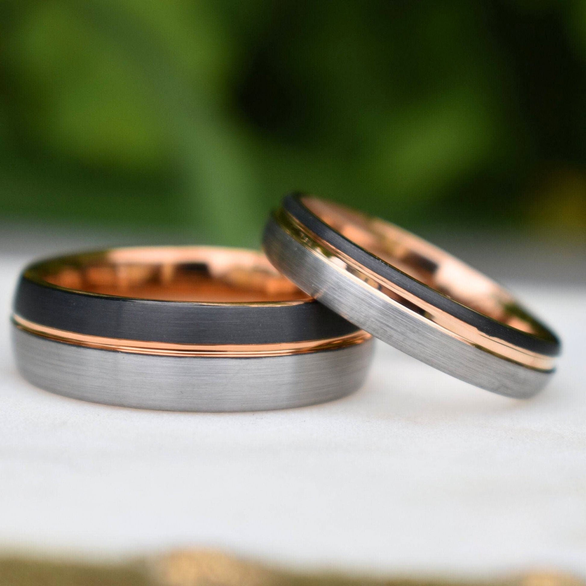 Domed 8mm Tungsten Ring Black and Silver Brushed with Rose Gold Accent - Tungsten Titans