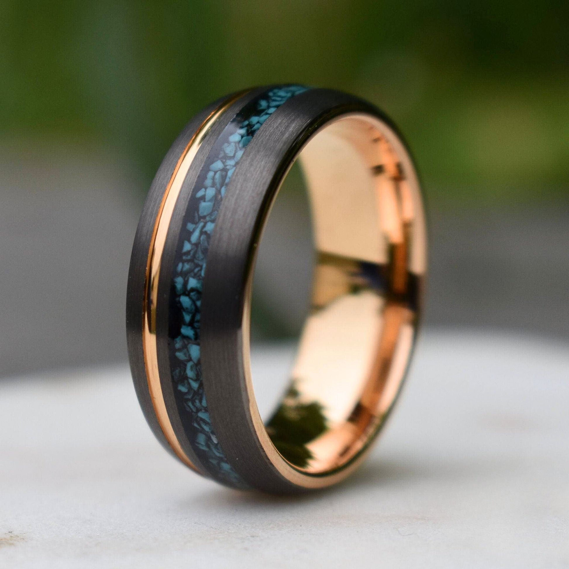 Tungsten 8mm Ring Grey with Rose Gold Accent and Crushed Turquoise - Tungsten Titans
