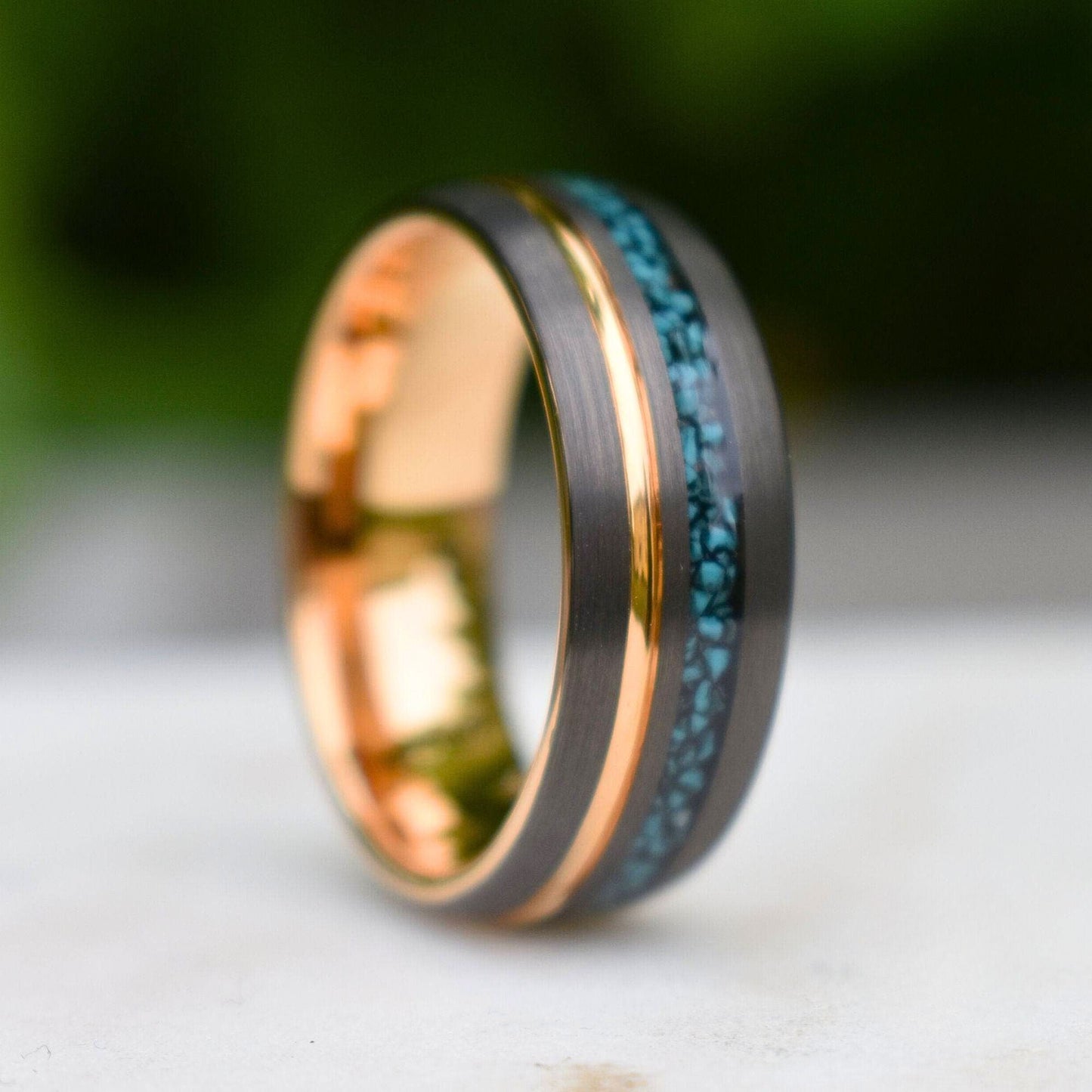 Tungsten 8mm Ring Grey with Rose Gold Accent and Crushed Turquoise - Tungsten Titans