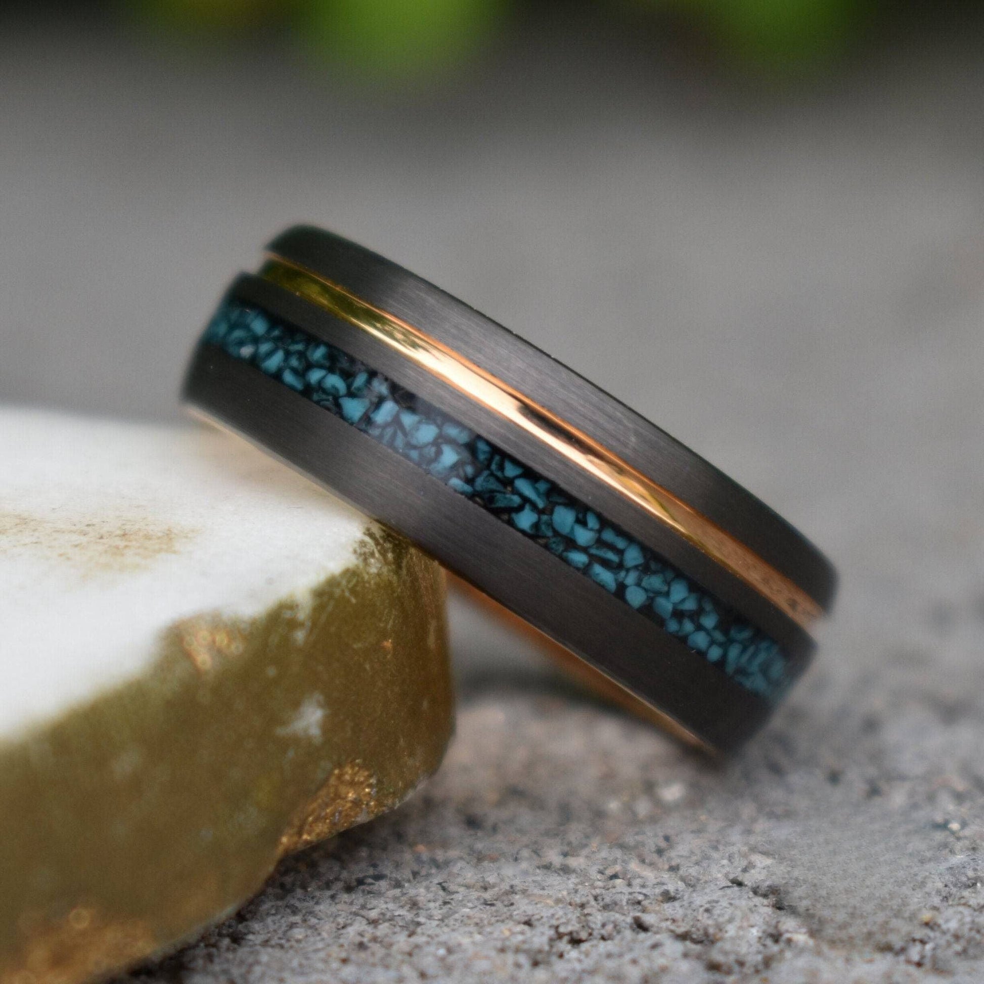 Tungsten 8mm Ring Grey with Rose Gold Accent and Crushed Turquoise - Tungsten Titans