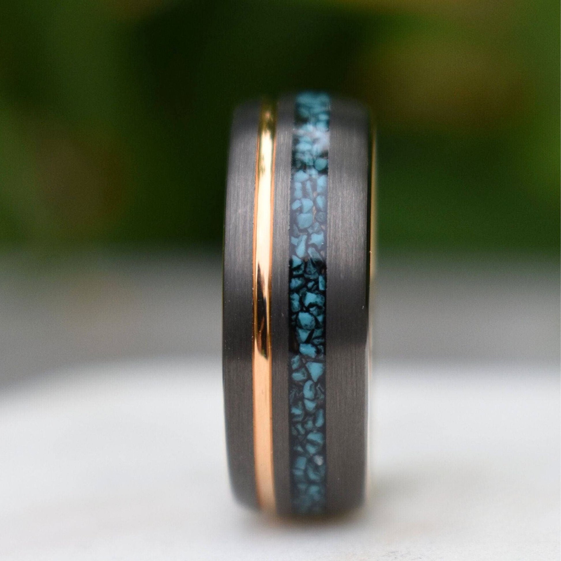 Tungsten 8mm Ring Grey with Rose Gold Accent and Crushed Turquoise - Tungsten Titans