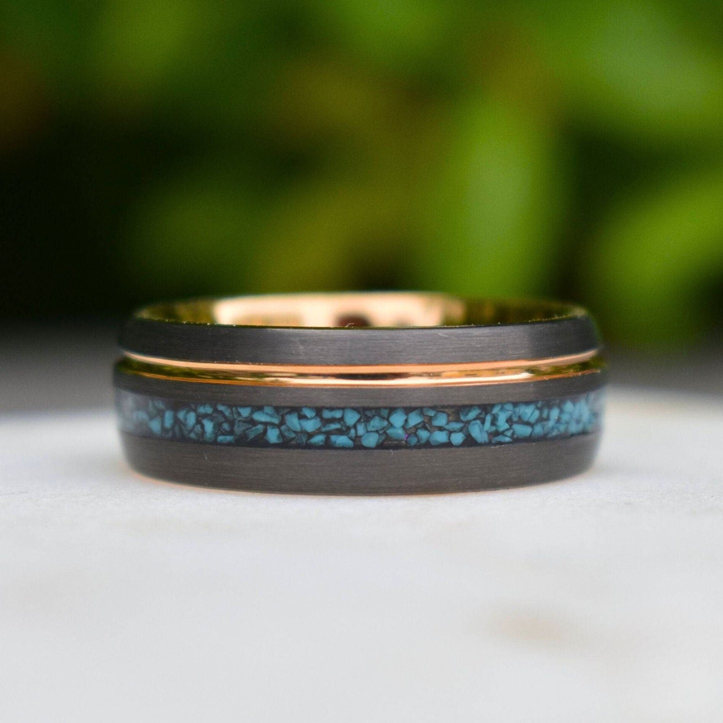 Tungsten 8mm Ring Grey with Rose Gold Accent and Crushed Turquoise - Tungsten Titans
